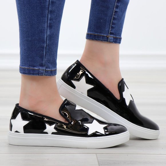 Shoes - Black With White Stars Patent Sneakers Shoes